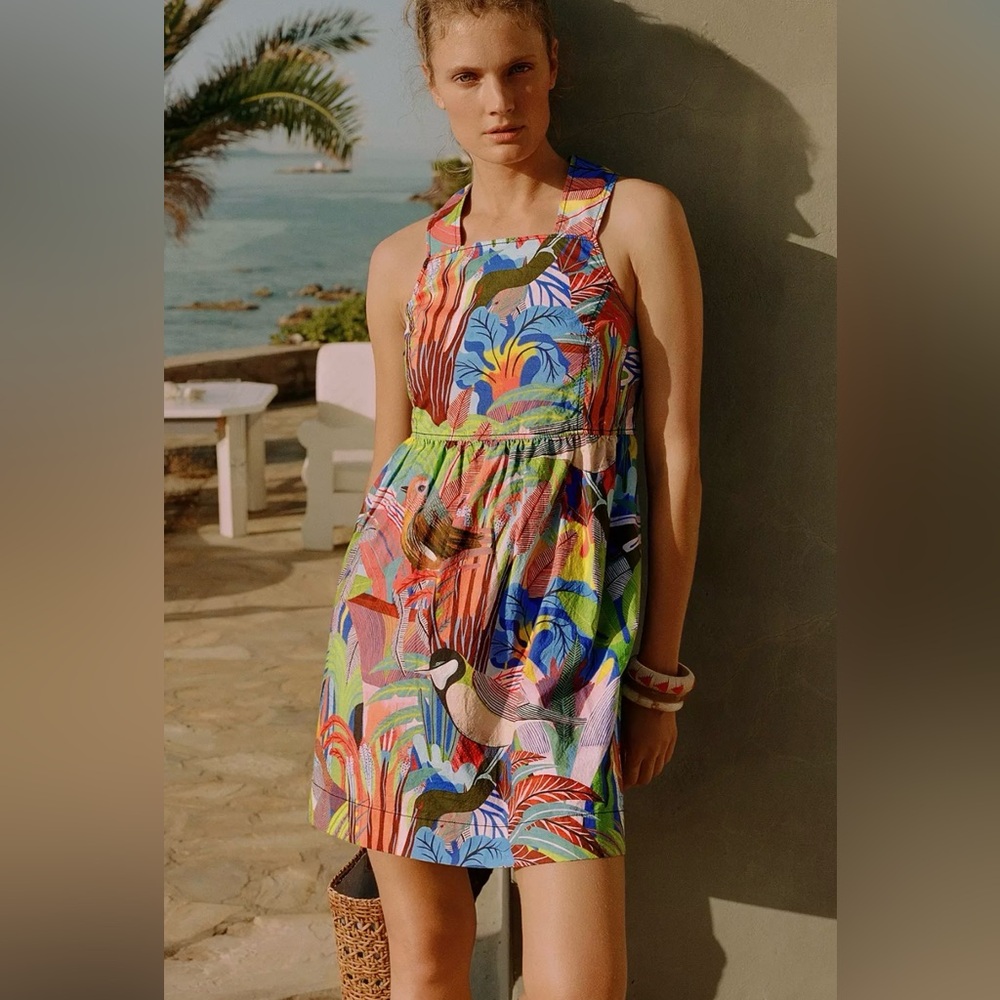 The Art of Anthropologie Orane Sigal Mini Dress Colorful Tropical Print Size XS